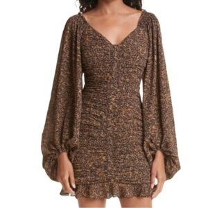 Ted Baker Wyatte Light Brown Ruched Bodycon Ruffle Mini Dress Balloon Sleeve